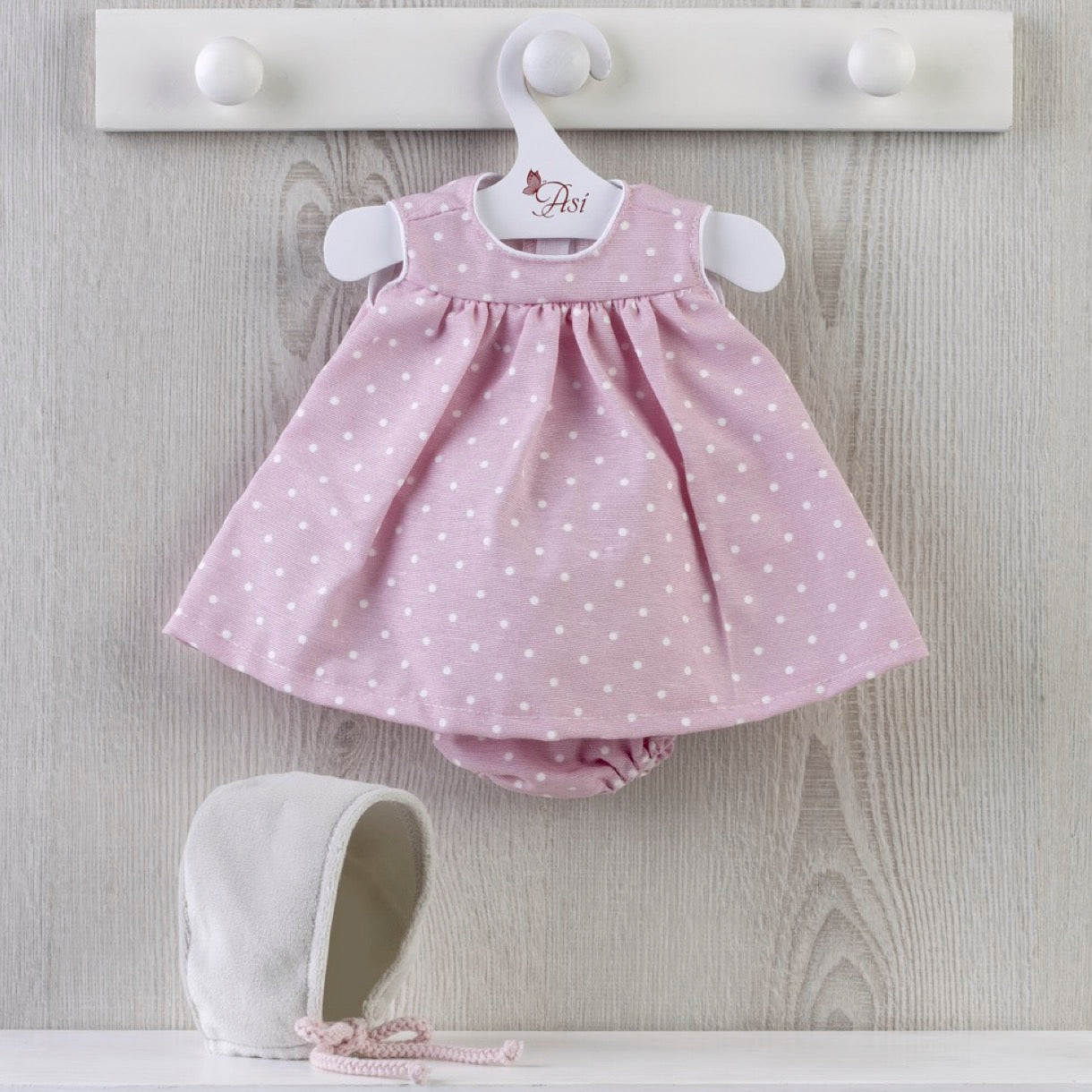 Vestido Alex Rosa Pintitas Blancas Capota Gris